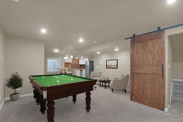 9455 Shinnecock Ct, Peyton, CO 80831 - rec room with billiards table, baseboards, light carpet, recessed lighting, and a barn door