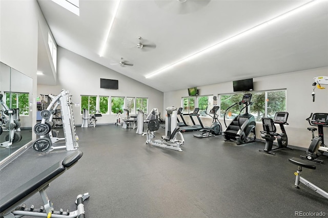 2960 Shadow Creek Dr Unit 201, Boulder, CO 80303 - exercise room with healthy amount of natural light, a ceiling fan, and high vaulted ceiling