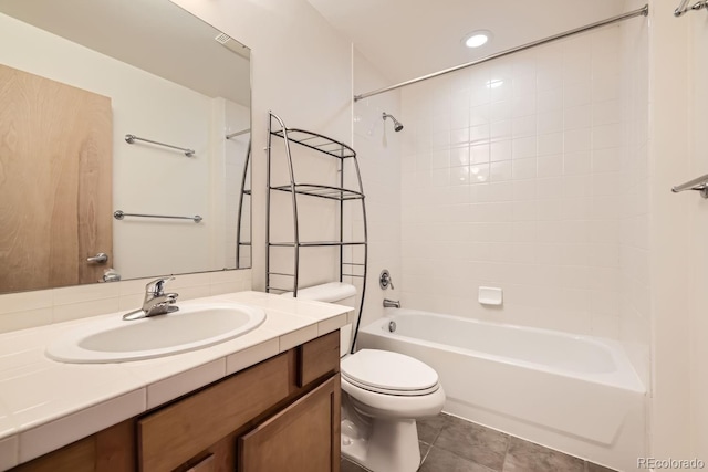full bathroom featuring toilet, shower / washtub combination, vanity, tile patterned floors, and recessed lighting