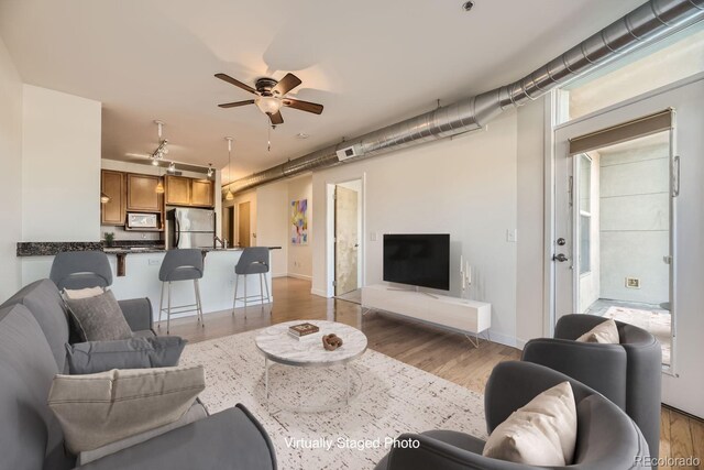 1313 S Clarkson St Unit 205, Denver, CO 80210 - living area with light wood-type flooring and ceiling fan