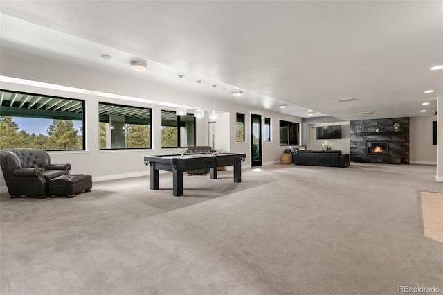 843 Long Timber Ln, Monument, CO 80132 - game room with pool table, light carpet, a fireplace, and recessed lighting