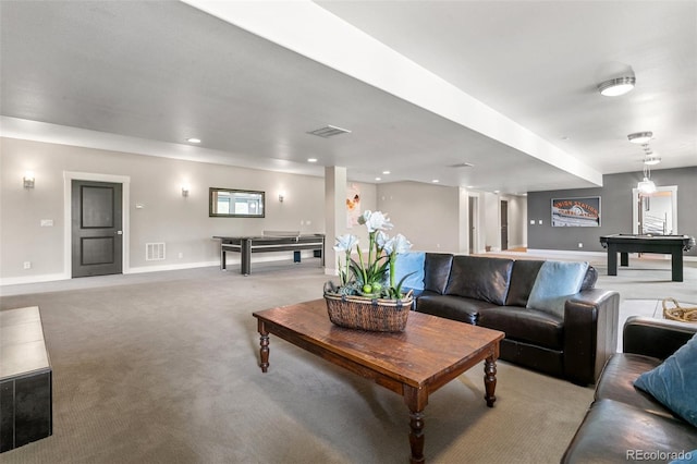 843 Long Timber Ln, Monument, CO 80132 - living room featuring pool table, light colored carpet, and recessed lighting