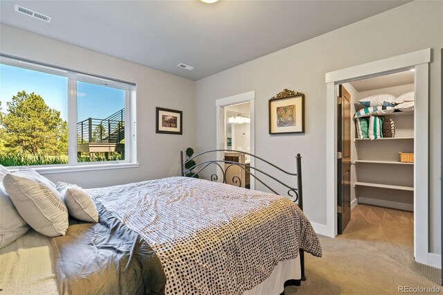 843 Long Timber Ln, Monument, CO 80132 - bedroom with light carpet and a walk in closet