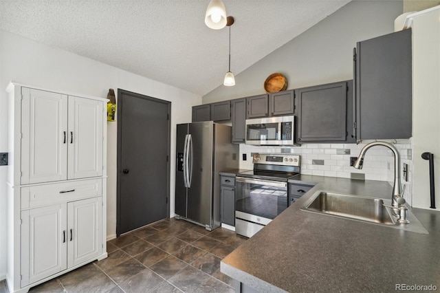 68 N Quicksilver Ave, Castle Rock, CO 80104 - kitchen with appliances with stainless steel finishes, a sink, dark countertops, lofted ceiling, and backsplash