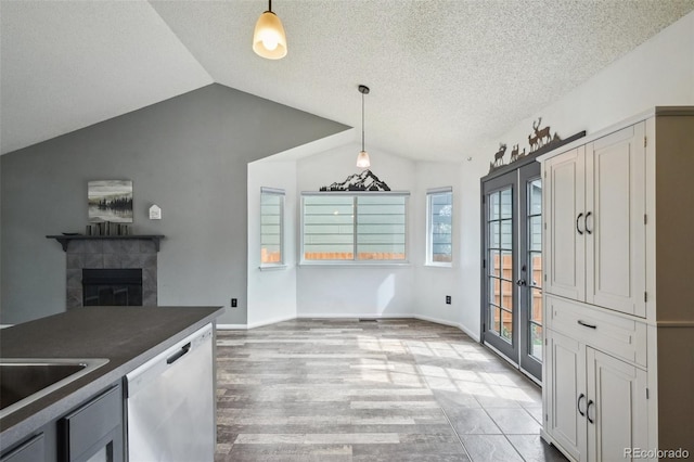 68 N Quicksilver Ave, Castle Rock, CO 80104 - kitchen with dishwasher, lofted ceiling, dark countertops, wood finished floors, and a tile fireplace