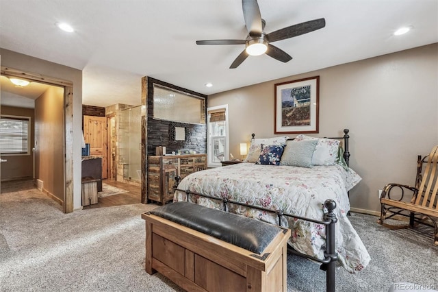 bedroom featuring baseboards, ceiling fan, carpet flooring, and recessed lighting