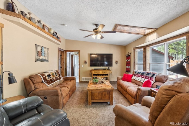 50 Rd P78, Bailey, CO 80421 - carpeted living area with a textured ceiling, a ceiling fan, and lofted ceiling