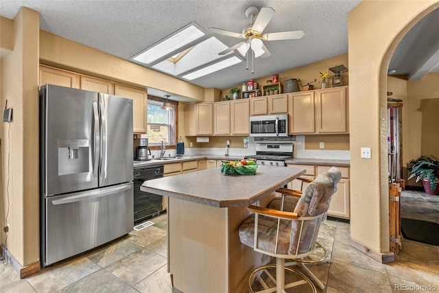 50 Rd P78, Bailey, CO 80421 - kitchen with appliances with stainless steel finishes, light brown cabinets, a sink, a skylight, and a textured ceiling