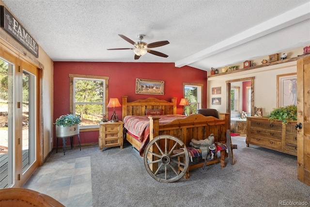 50 Rd P78, Bailey, CO 80421 - carpeted bedroom with access to exterior, a textured ceiling, and ceiling fan