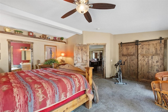 50 Rd P78, Bailey, CO 80421 - carpeted bedroom featuring a barn door, ensuite bathroom, and a ceiling fan