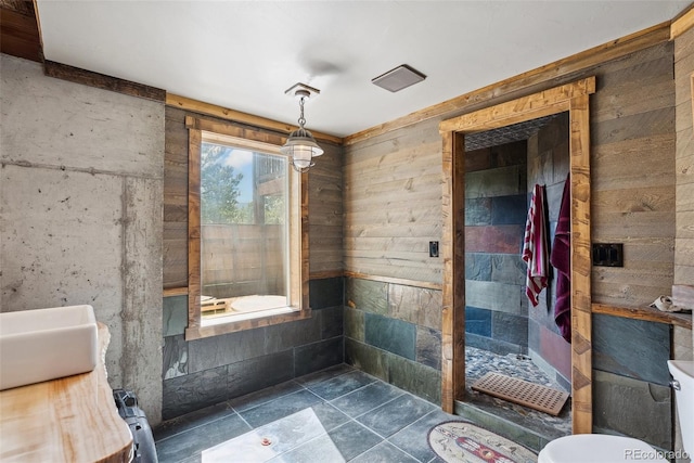50 Rd P78, Bailey, CO 80421 - full bathroom with wood walls, tiled shower, toilet, and vanity