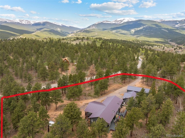 50 Rd P78, Bailey, CO 80421 - aerial view of property's location with mountains, property parcel outlined, and a heavily wooded area