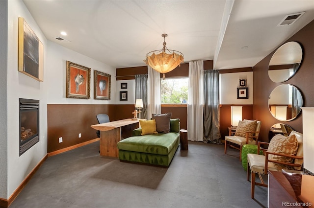 469 Elati St, Denver, CO 80204 - sitting room with baseboards, visible vents, an inviting chandelier, and finished concrete floors