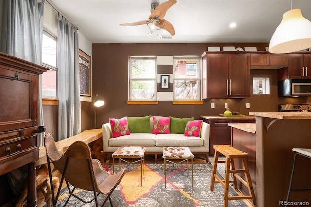 469 Elati St, Denver, CO 80204 - living room featuring visible vents and ceiling fan