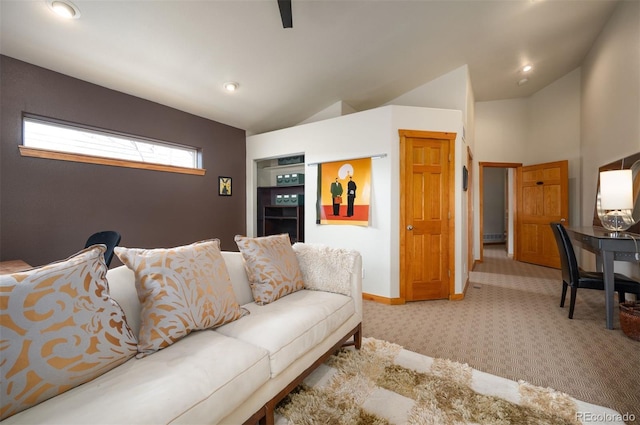 469 Elati St, Denver, CO 80204 - carpeted living room with recessed lighting, baseboards, and lofted ceiling