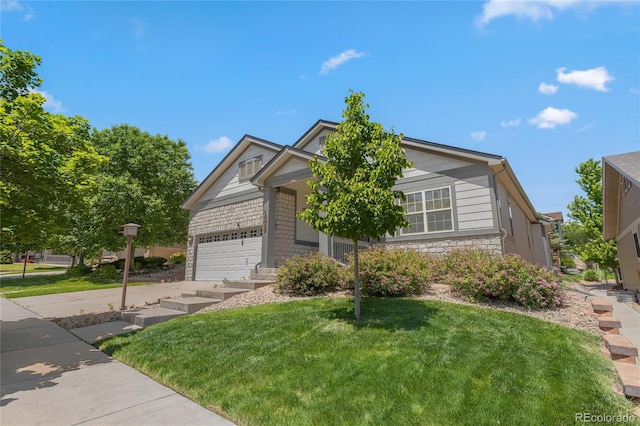 23421 E Long Pl, Aurora, CO 80016 - single story home with a front yard, stone siding, a garage, and concrete driveway