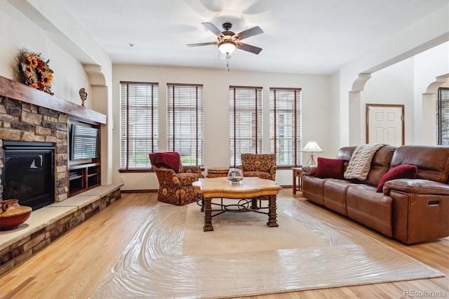 living room with a fireplace, light hardwood / wood-style floors, and a wealth of natural light