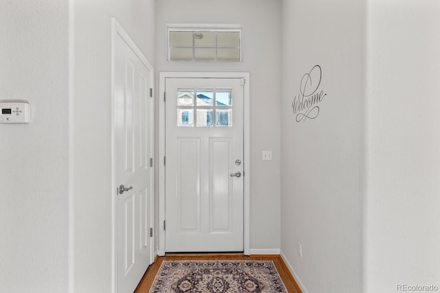 entryway with baseboards and wood finished floors