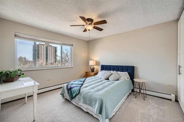 1045 N Pennsylvania St Unit 601, Denver, CO 80203 - carpeted bedroom with a baseboard radiator, a textured ceiling, and a ceiling fan