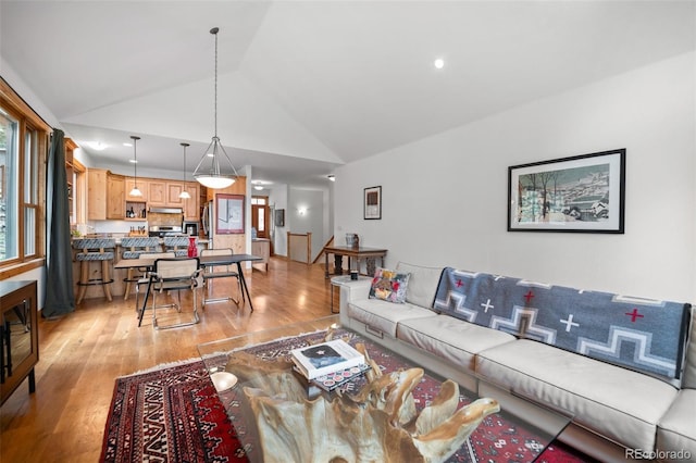27711 Moffat Rd, Evergreen, CO 80439 - living room featuring light wood-style flooring and lofted ceiling