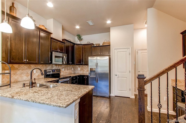 2346 Central Park Blvd, Denver, CO 80238 - kitchen featuring stainless steel appliances, a sink, dark wood-style flooring, dark brown cabinets, and tasteful backsplash