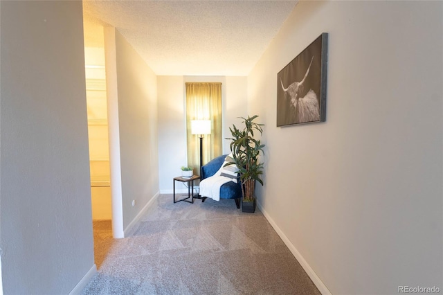 hallway with carpet, baseboards, and a textured ceiling