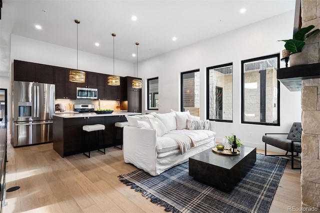 living area with light wood-style flooring and recessed lighting