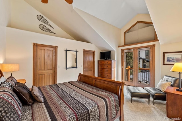 carpeted bedroom with high vaulted ceiling, ceiling fan, and access to outside