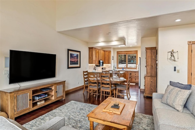 living room featuring dark wood-type flooring