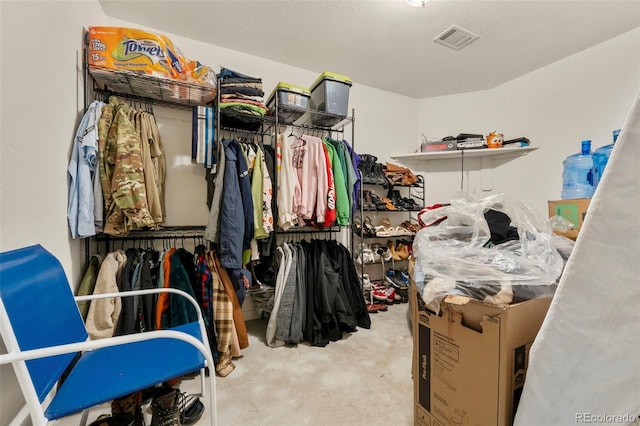 walk in closet with light colored carpet