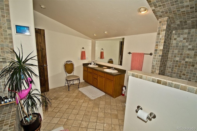 bathroom featuring lofted ceiling and vanity