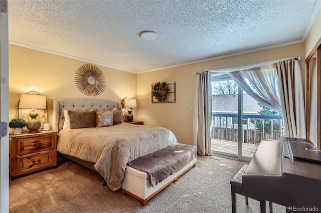 bedroom with a textured ceiling, ornamental molding, carpet, and access to exterior