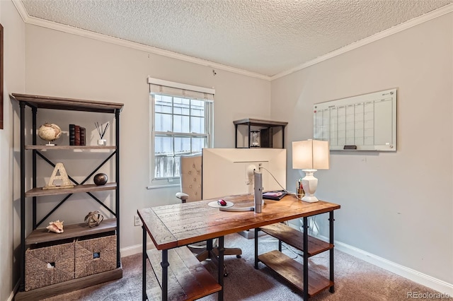 carpeted office with baseboards, ornamental molding, and a textured ceiling