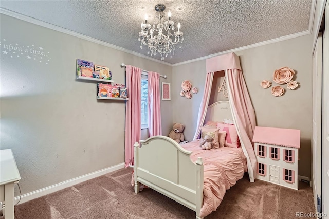 carpeted bedroom with an inviting chandelier, baseboards, ornamental molding, and a textured ceiling