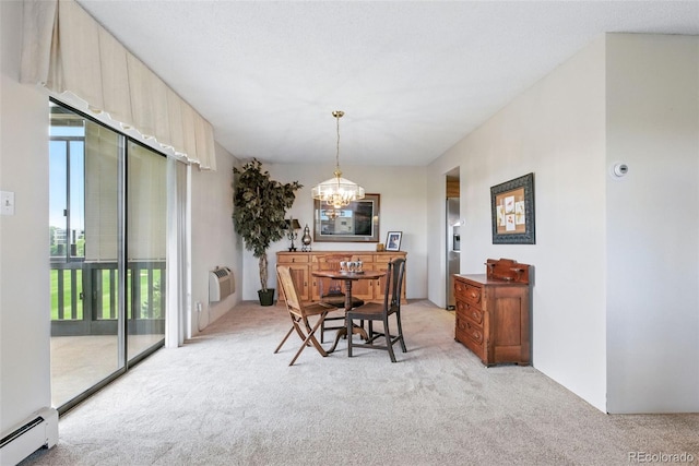 14050 E Linvale Pl Unit 601, Aurora, CO 80014 - dining room with a baseboard radiator, light colored carpet, a chandelier, an AC wall unit, and expansive windows