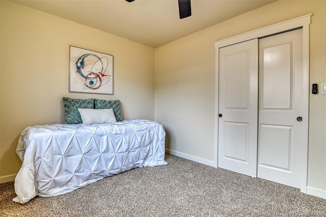 bedroom featuring carpet flooring, baseboards, and ceiling fan