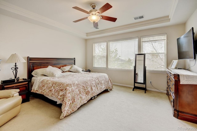 17613 E Peakview Ave, Aurora, CO 80016 - bedroom with a ceiling fan, visible vents, baseboards, a raised ceiling, and light colored carpet
