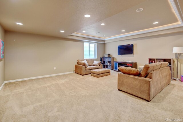 17613 E Peakview Ave, Aurora, CO 80016 - living area featuring baseboards, a raised ceiling, light carpet, and recessed lighting