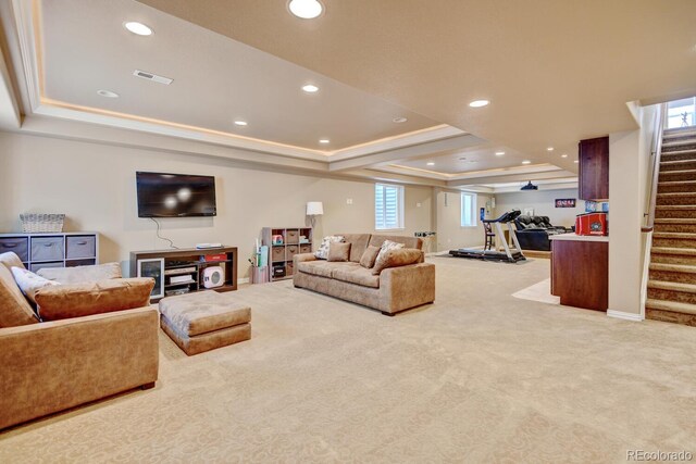 17613 E Peakview Ave, Aurora, CO 80016 - carpeted living area with recessed lighting, visible vents, a raised ceiling, and stairs