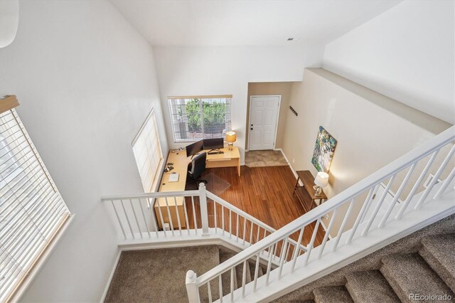 7342 S Mobile St, Aurora, CO 80016 - stairs featuring wood finished floors, a high ceiling, and baseboards