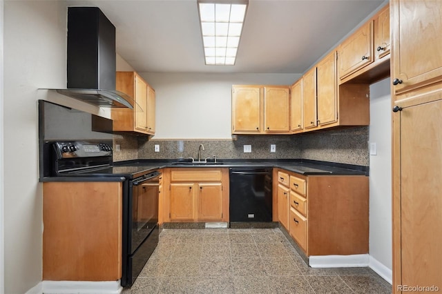 kitchen with tasteful backsplash, sink, black appliances, and wall chimney exhaust hood