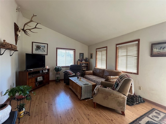 304 Cowan Rd, Bailey, CO 80421 - living room featuring light wood finished floors, lofted ceiling, and baseboards
