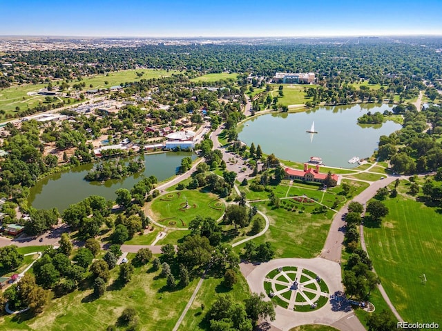 bird's eye view with a water view