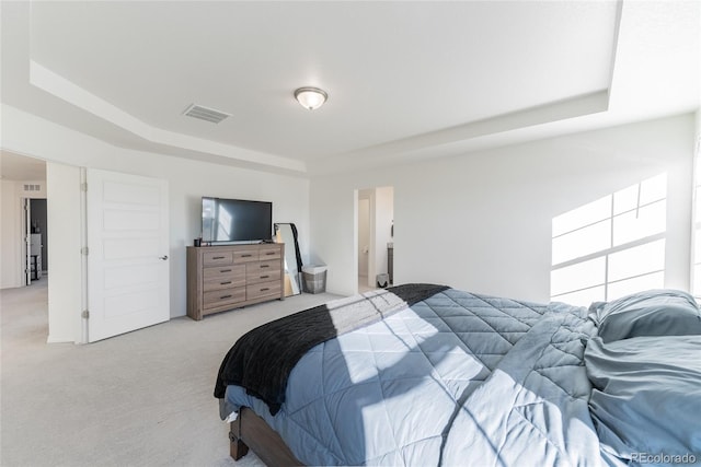 bedroom featuring light colored carpet and a tray ceiling