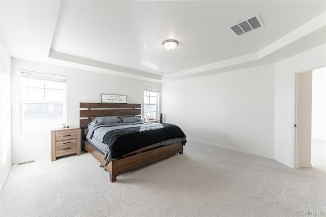 carpeted bedroom with a raised ceiling