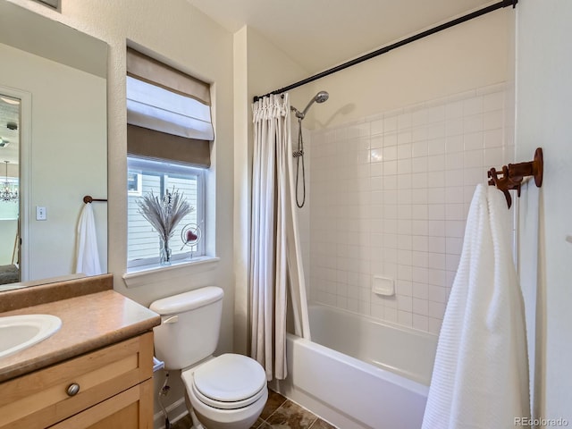 full bathroom featuring vanity, tile patterned floors, toilet, and shower / bath combo with shower curtain