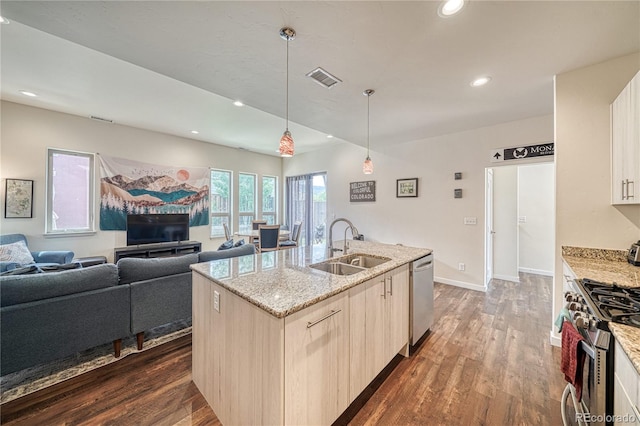 728 Oak St Unit F, Salida, CO 81201 - kitchen with a sink, appliances with stainless steel finishes, dark wood-style floors, light stone counters, and an island with sink