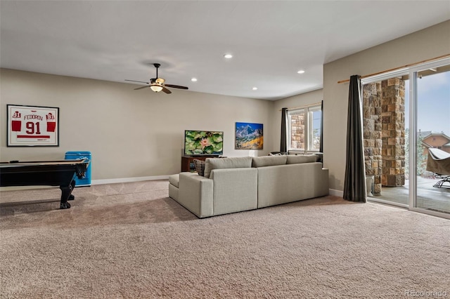 living area featuring baseboards, a ceiling fan, recessed lighting, carpet flooring, and pool table