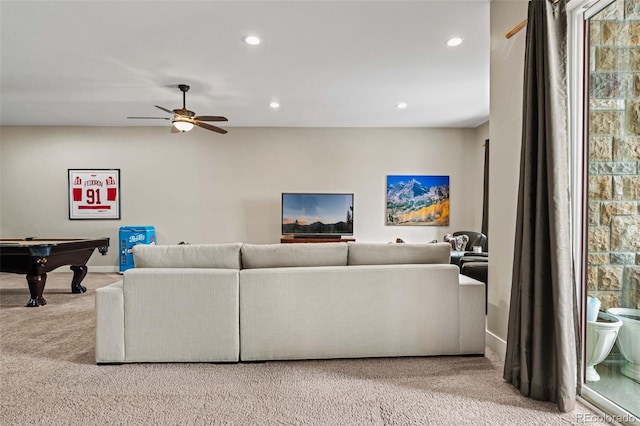 carpeted living area featuring pool table, a ceiling fan, baseboards, and recessed lighting