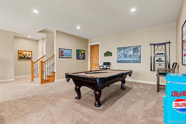 playroom with baseboards, billiards, and carpet floors